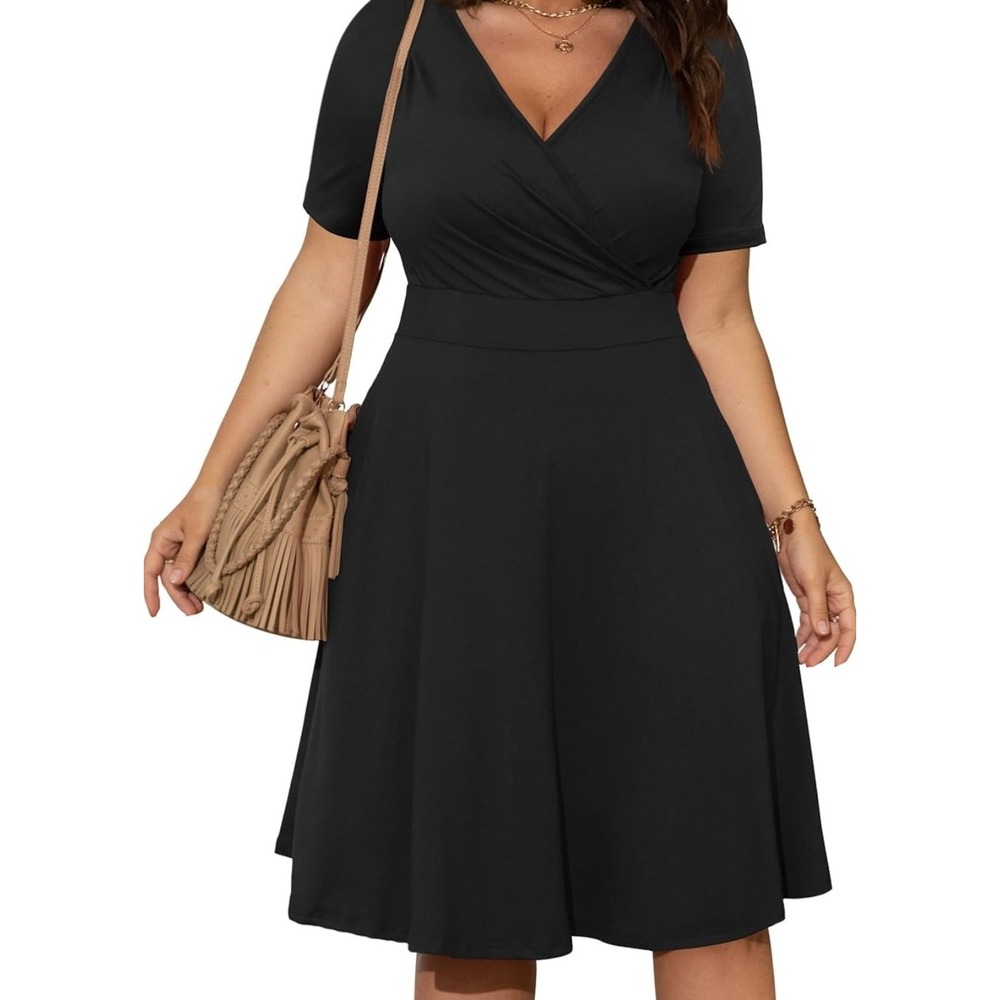 Poseshe Womens Dress V-neck Wrap Style Stretch Black Size 3XL New With Tag